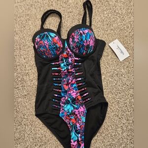Black Floral Swimsuit with Strappy Details